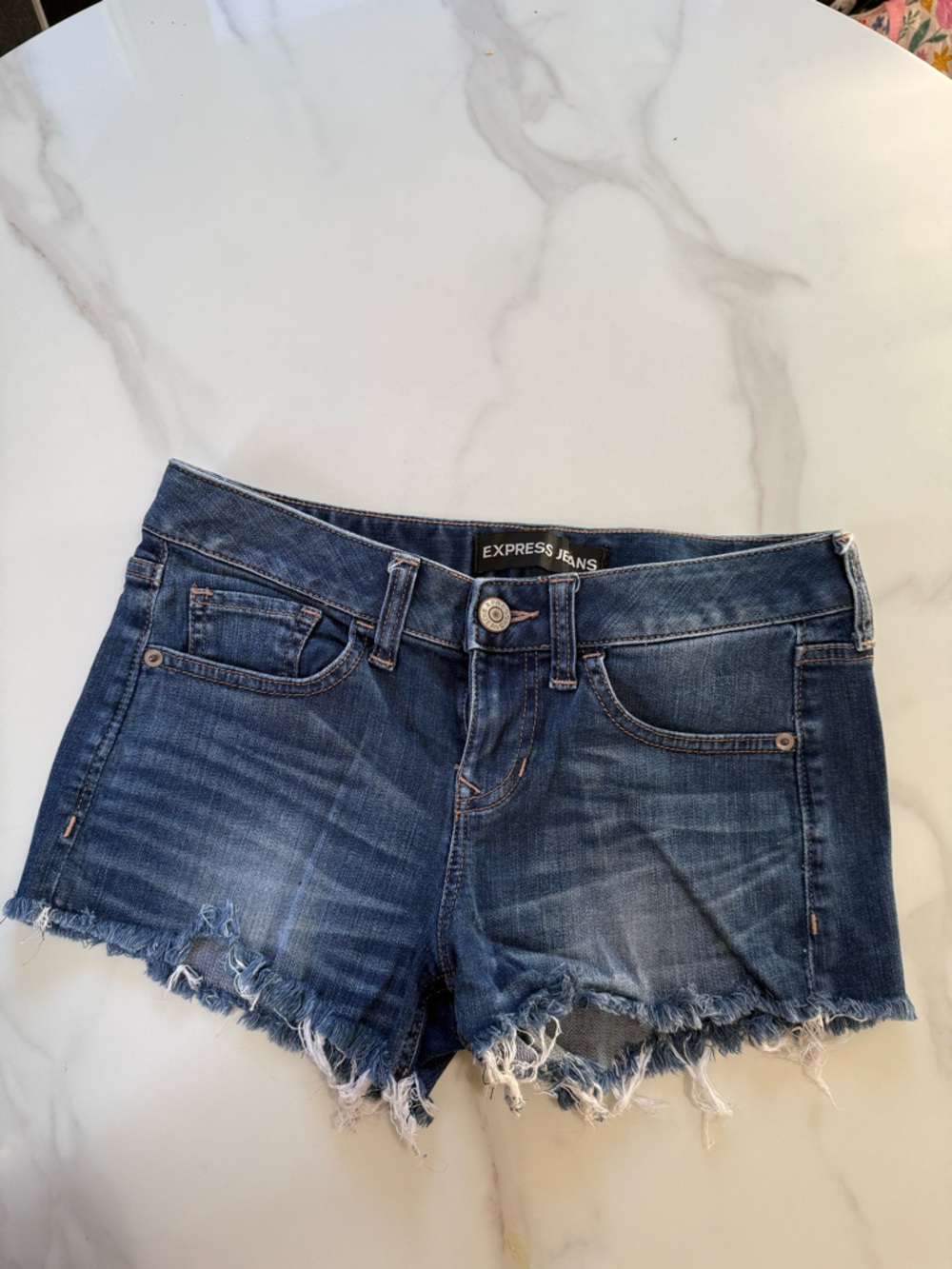 Express Women's Dark Blue Distressed Denim Shorts